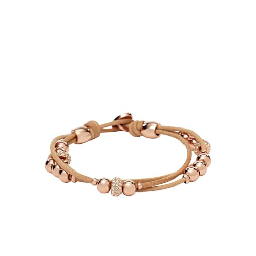 Fossil Bracciale da Donna in Vera Pelle e Perline in Acciaio Inossidabile, Marrone Chiaro/Oro Rosa, 19 cm, JA6539791