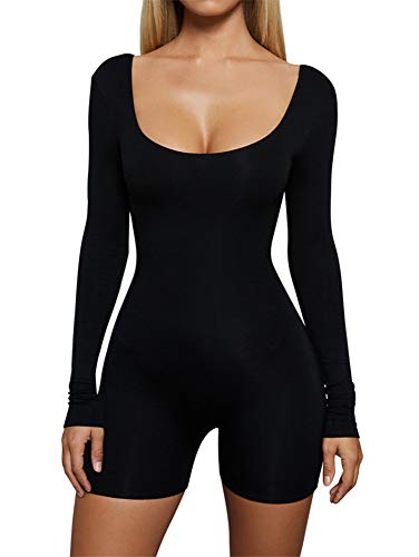 GOBLES Women's Long Sleeve Rompers Bodycon Sexy Short Bodysuits Jumpsuits Black