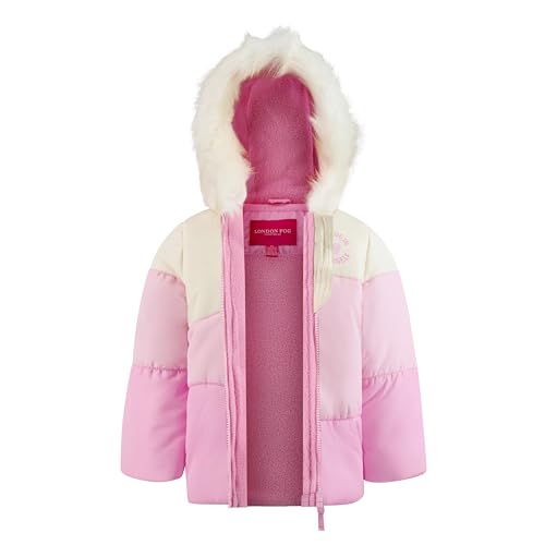 Image of LONDON FOG Girls' Two-Piece Winter Snowsuit Skibib and Fleece Lined Puffer Jacket, Pink Colorblock, 3T