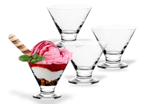 GIFTS PLAZA Clear Footed Glass Dessert Cups - Set of 4, Stemless Martini Glasses - 8 Ounce, Cone-Shape Ice Cream Bowls for Sundae, Fruits and Pudding - Suitable for Home, Bar, Catering and Party