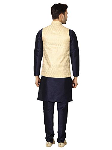 Image of Uri and MacKenzie Men's Silk Blend Regular Kurta Churidar Pyjama with Bundi Nehru Jacket /Waistcoat