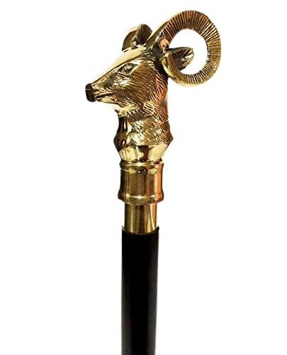 Antique Brass Walking Stick with Unique Face Handle, Adjustable Vintage Collectible Palm Grip Nautical Wooden Walking Stick Cane for Unisex by Royal Enterprises Nautical