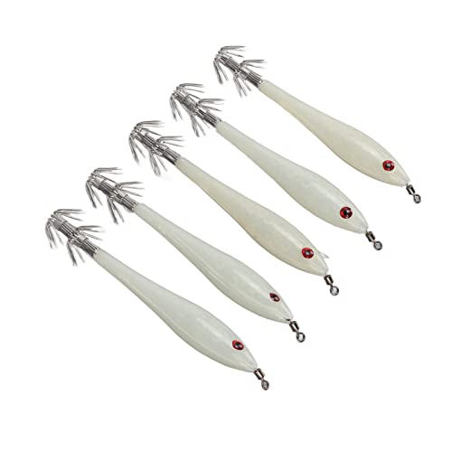 5 señuelos Artificiales de Alto Rendimiento para Calamar, con Anzuelo Doble para Pesca en Agua Dulce y Salada, de Acero Inoxidable y Goma, como se Muestra en Las imágenes. (Blanca Luminosa)