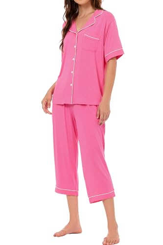 Image of LUBOT Womens Bamboo Viscose Pajamas for Women PJ Set 2 Piece Cooling Soft Short Sleeve Capri Pants Summer Sleepwear Set S-XXL