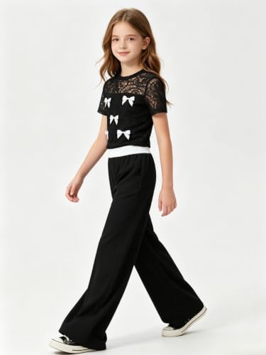 Image of Girls Clothes 2 Piece Short Sleeve Lace Bow Print Tops Flared Pants Set Little Girl Outfits Size 7-14
