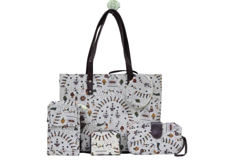 Image of P S Traders Online Women's Ladies Western Traditional Ikkat Cotton 5 Pieces Combo Bag Color White