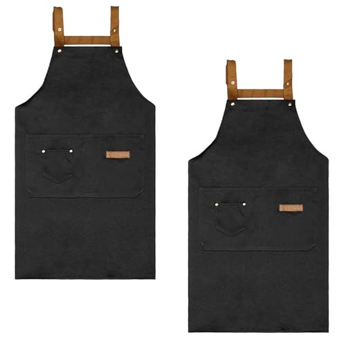 Astralong 2 Piezas Delantal Cocina para Hombres y Mujeres, Delantales Chef, Mandil Camarero Ajustable, Mandiles Hosteleria Barbacoa Lona con 3 Bolsillos para Hornear, Restaurante (Negro+Negro)