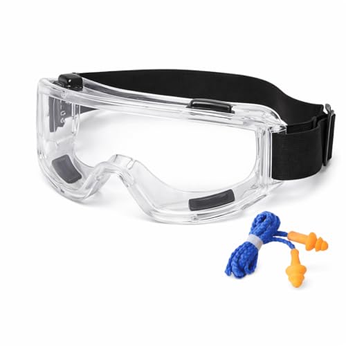 nektorica Gafas de Seguridad Transparentes para Trabajo – Antivaho, Antiarañazos y Antipolvo – Protección Ocular con Cinta Ajustable y Visión Panorámica – Incluye Tapones para los Oídos