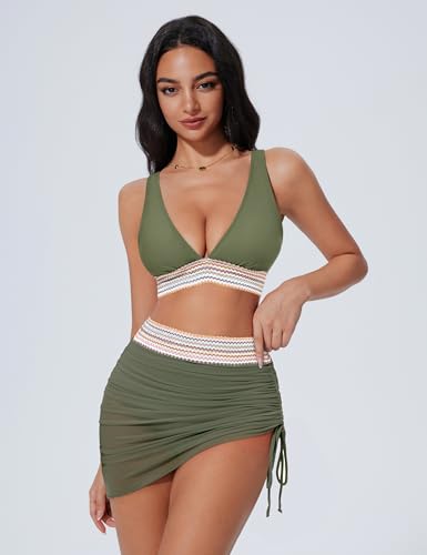 SUUKSESS Womens High Waisted Bikini Sets Sexy Mesh Two Piece Tummy Control Swimsuits Color Block Bathing Suit Swim Skirt (Army Green,Medium) — view 3