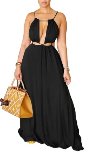 Image of Yeshire Womens Summer Spaghetti Strap Maxi Dress Sleeveless Sexy Cutout Drawstring Boho Beach Vacation Party Dresses