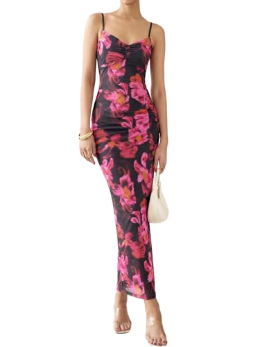 Dofysoffy Women Spaghetti Strap Mesh Maxi Dress Floral Ruched Cocktail Party Dresses (A914 Black L)
