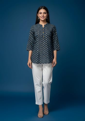 Image of Women's Cotton Printed Kurta Top | 3 /4 Sleeve Straight Kurti Casual Outings