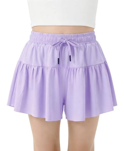Stelle Girls Athletic Shorts Flowy 2 in 1 Butterfly Short Running Soccer Tennis Sports Shorts with Pocket,Lavender,4-5T