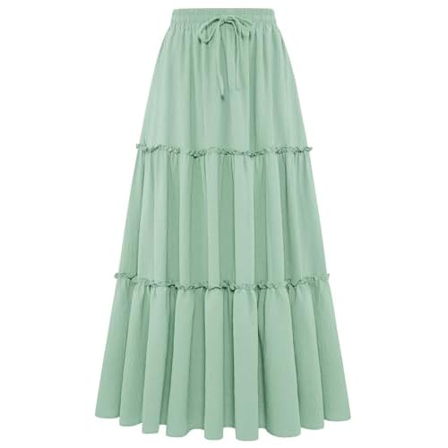 Arolina Women's Summer Maxi Skirt Trendy High Waist Pleated Ruffle Long Skirts Flowy Beach Boho Skirt Dress with Pockets Light Green X-Large