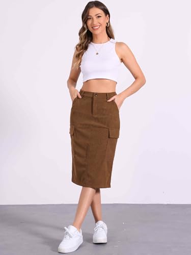 Image of Allegra K Corduroy Cargo Skirts for Women's High Waisted Elastic Back H Line 2025 Fall Midi Skirt