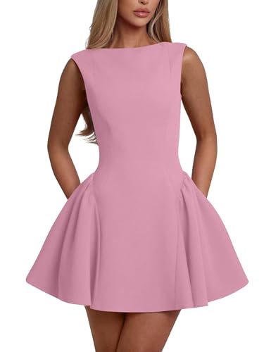 YMDUCH Women's Summer Sleeveless Crew Neck Backless A-line Mini Party