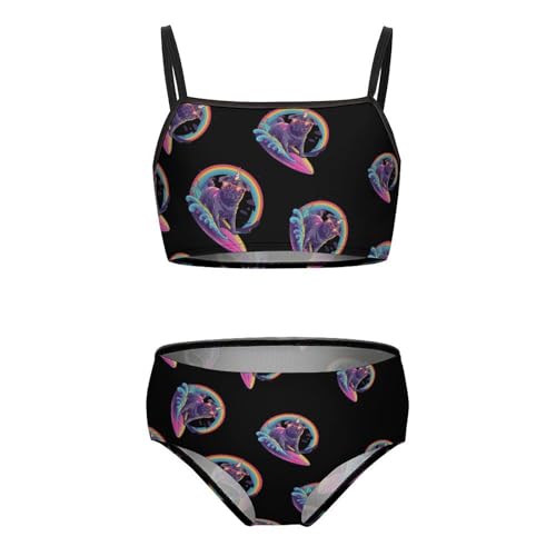 Funny Unicorn Pug Surfing Girls Swimsuits Two Piece Bikini Sets Beach Sport Swimwear Bathing Suit 6-7Y?110cm?