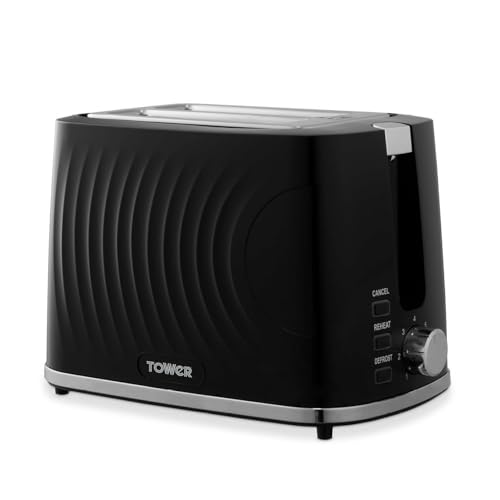 Tower T20082BLK Solitaire 2 Slice Toaster, Browning Control, 850W, Black with Chrome Accents