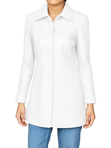 Jild Casual Car Coat Lambskin Leather Jacket Women – ¾ Length Blazer Overcoat Style Leather Long Coat Women (CCW-White-S)