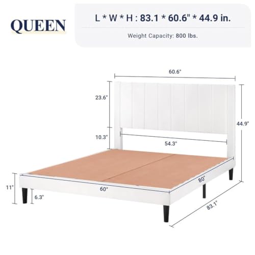 Image of HITHOS Modern Upholstered Queen Size Bed with Wingback Headboard | Wooden Double Bed Cot Palang Without Storage for Living Room Bedroom Home (White)