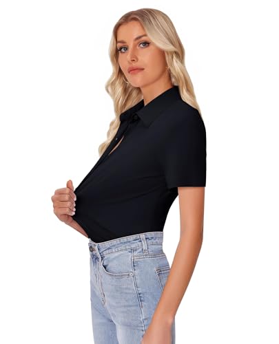 Image of siliteelon Womens Button Down Shirt Slim Fit Stretch Short Sleeve Dress Shirt Wrinkle Free Collared Business Work Blouse Top