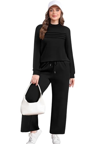 Image of WIHOLL Two Piece Sets for Women Fall Travel Vacation Outfits 2026 Long Sleeve Lounge Sets Side Slit Wide Leg Pants XS-3XL
