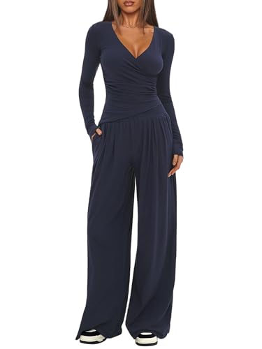 Ensemble 2 pièces pour femmes pantalon large bleu foncé XL