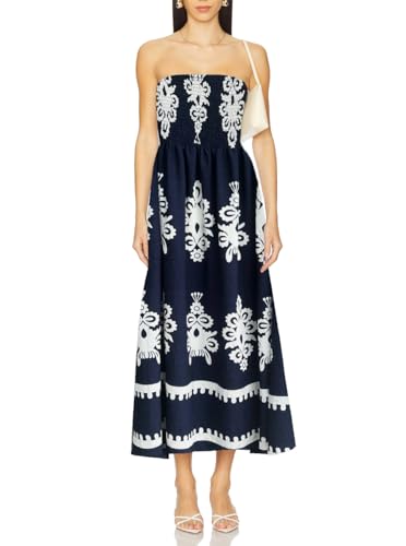Image of Women Strapless Smocked Flowy Swing Boho Maxi Dress Tube Top Beach Dress | Smocked Bodice Flowy A Line Beach Dress with Pocket Casual Vacation Beach Wedding Guest Dress Off Shoulder Boho Dresses