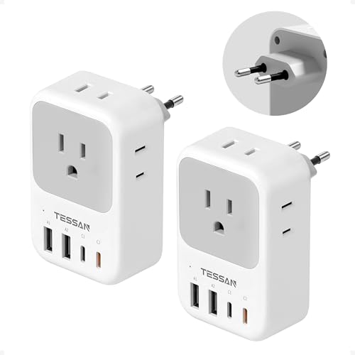 TESSAN European Travel Plug Adapter 2 Pack PD 20W Adapter for Europe Plug with 4 AC Outlets 4 USB (2 USB C) Type C Adaptor for US to Europe Italy Spain France Portugal Greece Iceland Germany