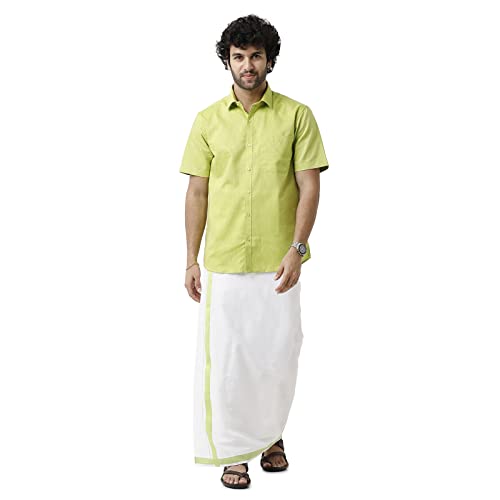 Image of UATHAYAM Varna Pale Green Cotton Slim Fit Solid Half Sleeve Shirt and Dhoti Set Combo