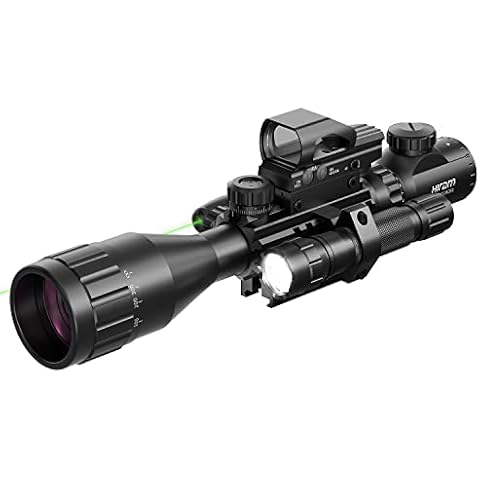 HIRAM 4-16x50 AO Rifle Scope Combo with Green Laser, Reflex Sight, and 5 Brightness Modes Flashlight Cover