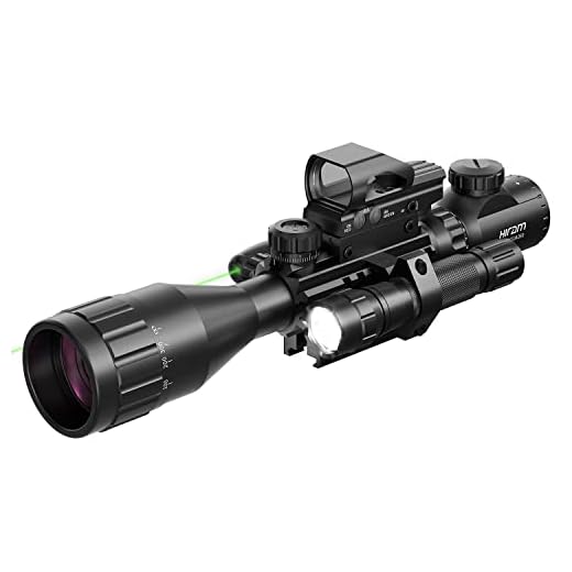 HIRAM 4-16x50 AO Rifle Scope Combo with Green Laser, Reflex Sight, and 5 Brightness Modes Flashlight