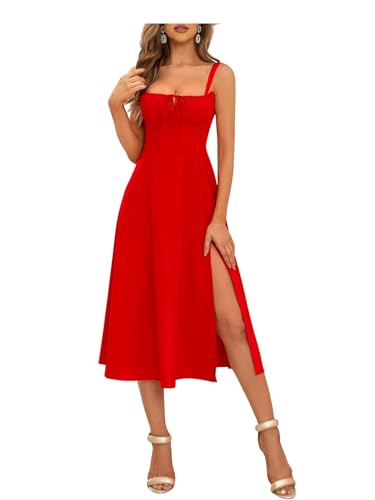 Image of Aahwan Women Fit and Flare Red Solid Lace Up Backless Ruched Boning Spaghetti Strap Slim Fit Long Cami Dress