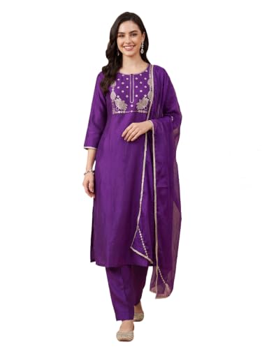 Image of INDO ERA Women's Silk Blend Embroidered Thread Work Straight Kurta & Pant with Dupatta Set | Kurta Sets For Woman