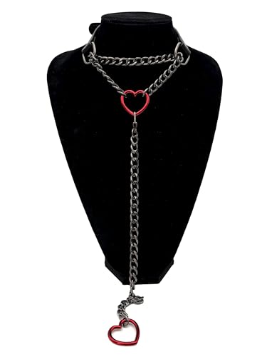 Heart O-Ring Slip Chain Choker Collar Necklace for Women, Adjustable Vegan Leather Punk Necklace with Swivel Clasp & Heart Charm2