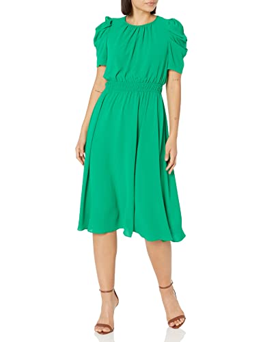 Image of London Times Women's Caterpillar Puff Sleeve Midi Dress - Gathered Waist A-Line Flowy Summer Dress