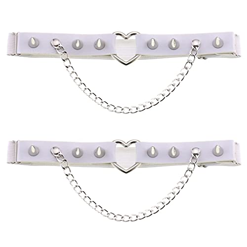 Women Girl Leather Heart Garters Leg Ring Belt Punk Studded Chain Elastic Thigh Ring Garters Adjustable White #TOP9