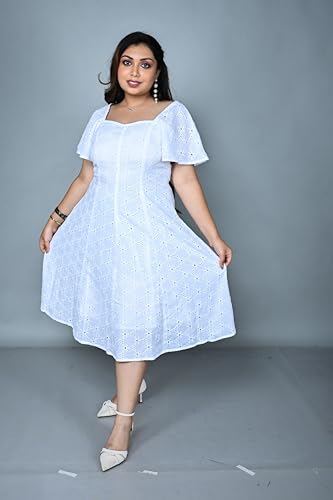 Image of Women's Plus Size Cotton Hakoba A-Line Midi Dress, White Cotton with Sweetheart Neckline & Short Flutter Sleeves, Flowy Elegant Summer Dress