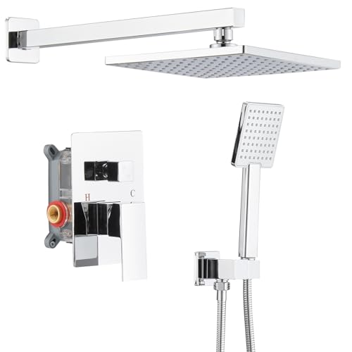 Set de grifería de ducha BWE con rociador de lluvia y ducha manual | Funciones duales, incluye válvula y kit de instalación, montaje en pared, diseño minimalista cuadrado moderno