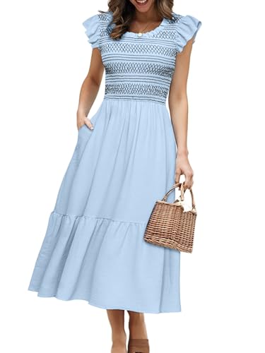 Simplee Womens Boho Maxi Dress Flutter Sleeve Summer Casual Smocked Waist A Line Flowy Tiered Dress with Pockets