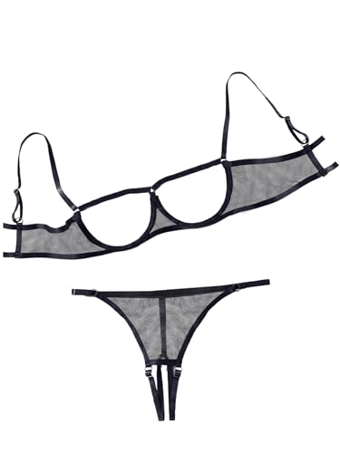 Image of Lilosy Sexy Underwire Floral Lace Sheer Lingerie Set for Women See Through Bra and Panty 2 Piece