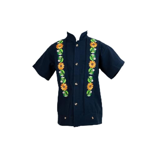 Authentic Boy's Mexican Guayabera (Button Down Shirt) : Sunflower Embroidered Design, Traditional Style, Sizes 0-8