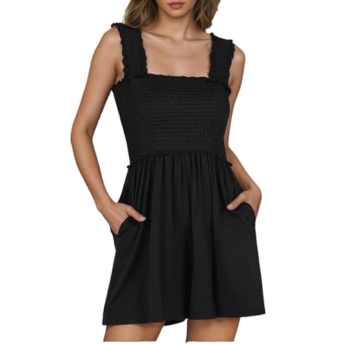 Bkul Jumpsuit Damen Sommer Elegant U-Ausschnitt Playsuit Falten Casual Overalls Lose Kurz Romper Hosenanzu (Schwarz, L)