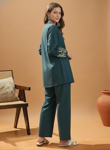 Image of SHEINZY Elegant Embroidered Sleeve Co-Ord Set for Women | Comfortable Silk Blend V-Neck Button-Down Top Matching Pants | Stylish Casual Ethnic Wear