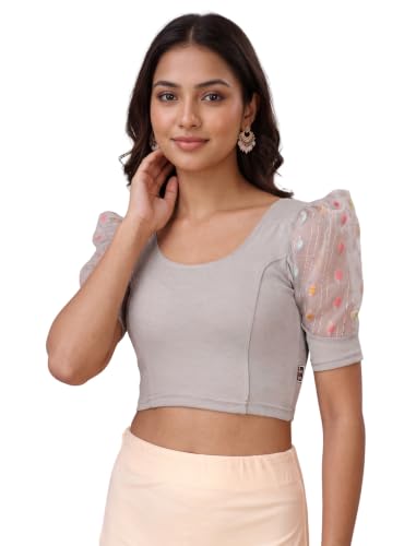 Image of SFT Women's Cotton Lycra Blend Readymade Saree Blouse with Round Neck Half Sleeves Solid Pattern Knit Weave Regular Fit and Pull On Closure