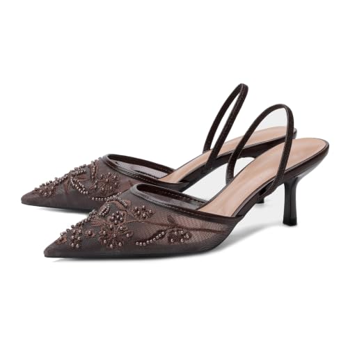 Image of Embroidered Mesh Slingback Heels for Women White Pearl Kitten Heel Pumps Pointed Toe Backless Wedding Shoes