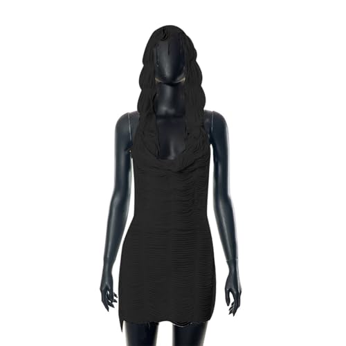 Image of Suillty Women's Sleeveless Hooded Tassel Mini Dress Sexy Hoodie Backless Bodycon Cocktail Party Club Dresses