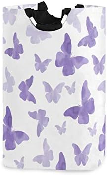 kids Cute Laundry Hamper with Handles-Collapsible Fabric Laundry Bakset Dirty Clothes Hamper for Girl Boy,Watercolor Purple Butterflies
