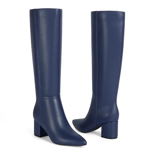 Image of Easyfox Womens Knee High Boots Chunky Low Heel Pointed Toe Tall Long Boots