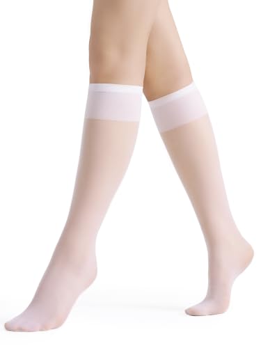 DAINAS 6 Pairs Knee High Stockings for Women 20D Lightweight Sheer Nylons with Clear Toe Comfort Stretch for Office & Everyday Wear (White-001)